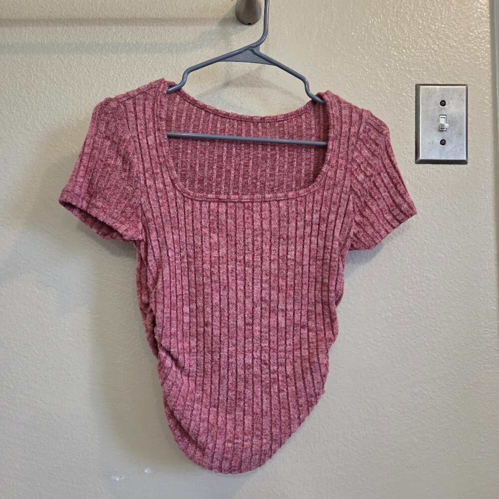 Shein Frenchy Square Neck Ruched short sleeve Ribbed Cropped Red Tshirt Sz Small
